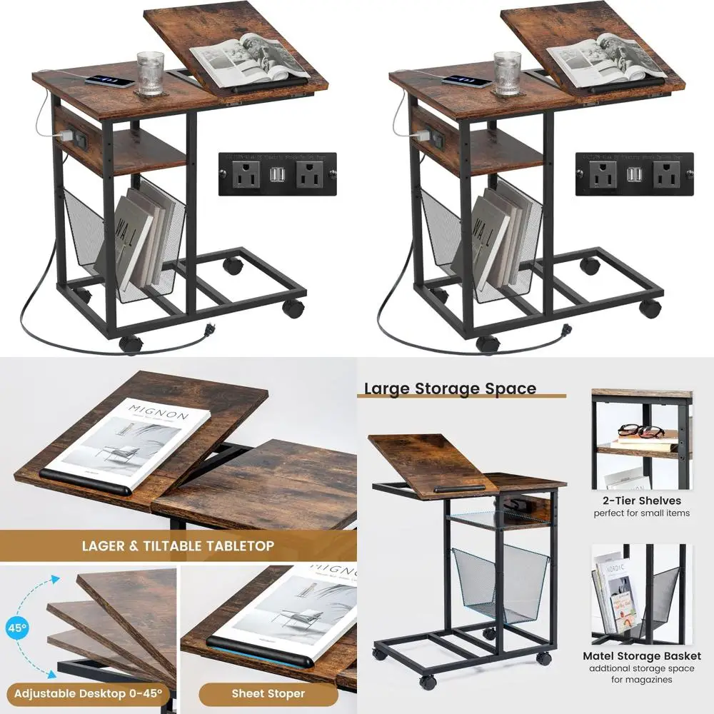 

Industrial Rustic Brown C-Shape End Table with Tilting Top, Charge Station, Magazine Rack, and Lockable Wheels for Living Spaces