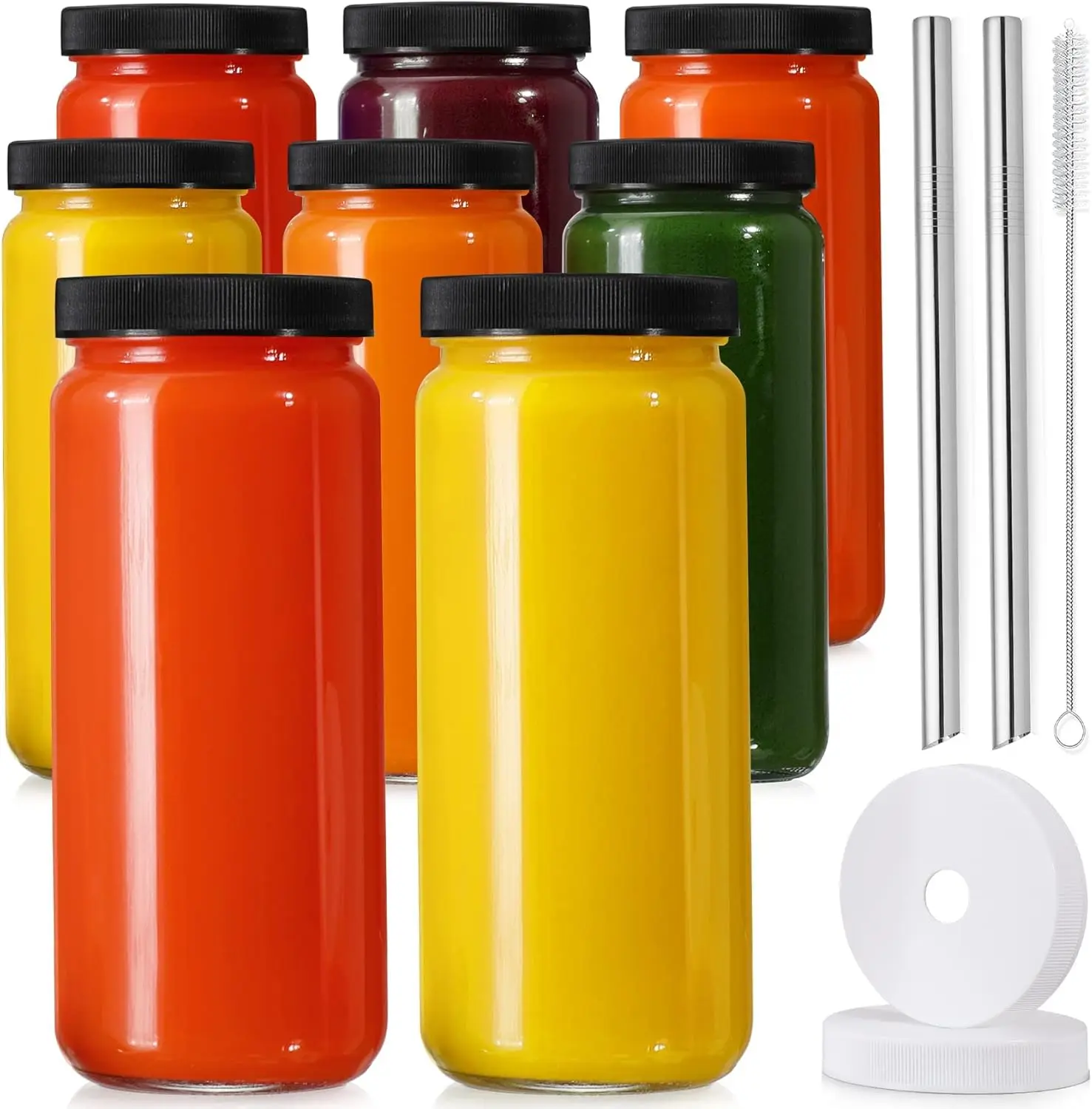 

8-Pack 16oz Glass Bottles with Straws & Lids, Reusable for Juice, Tea, Smoothies