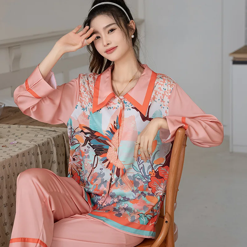 Satin High Quality Women's Pajamas Set Plant Print Silk Like Homewear Sleepwear Elegant Nightwear Femme Leisure Home Clothes