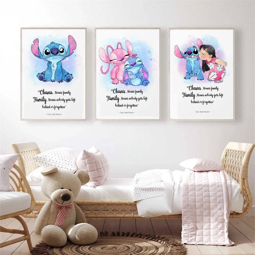 MINISO Disney Lilo And Stitch Watercolour Word Custom Canvas Poster Watercolour Wall Art Print For Nursery Kids Room Decor