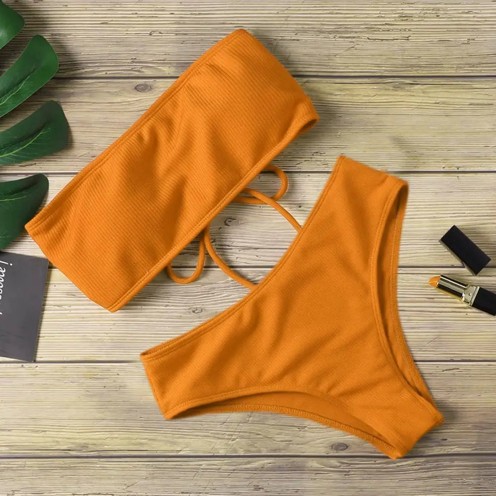 1 Set Women Beach Suit with Chest Pad No Underwire Bathing Two-piece Set Bandeau Swimming Trunks Split Bikini Set Beachwear