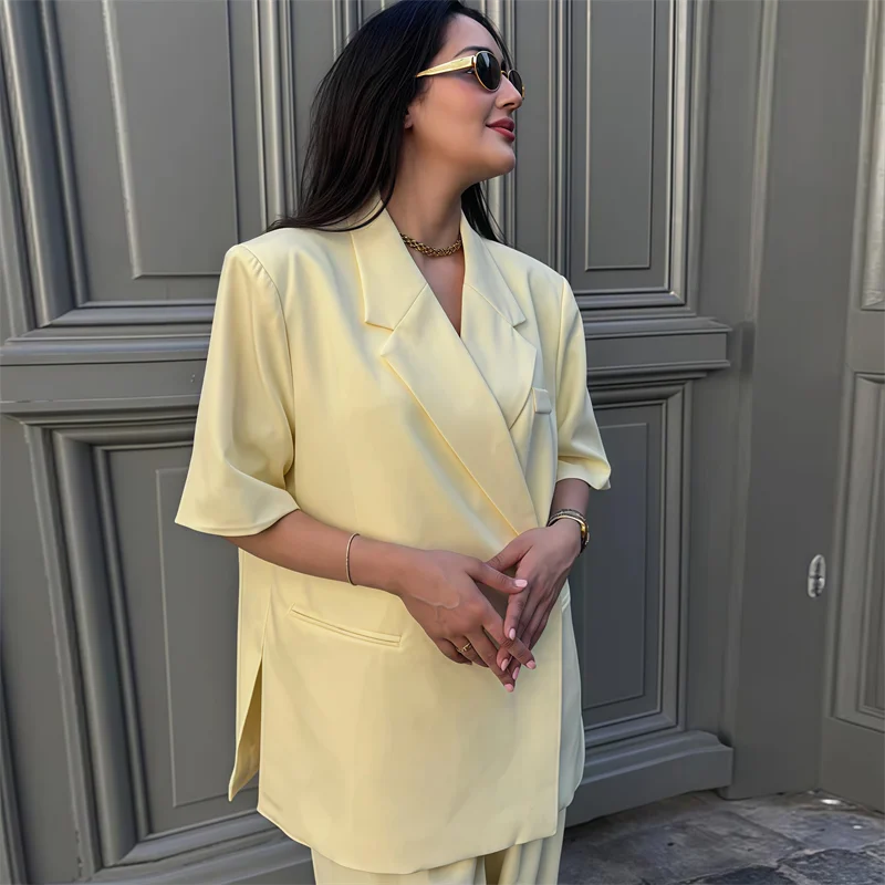 Women's Suit Jackets Loose Lapel One Button Short Sleeve Blazers 2025 Summer Elegant Lady Office Outwear Street