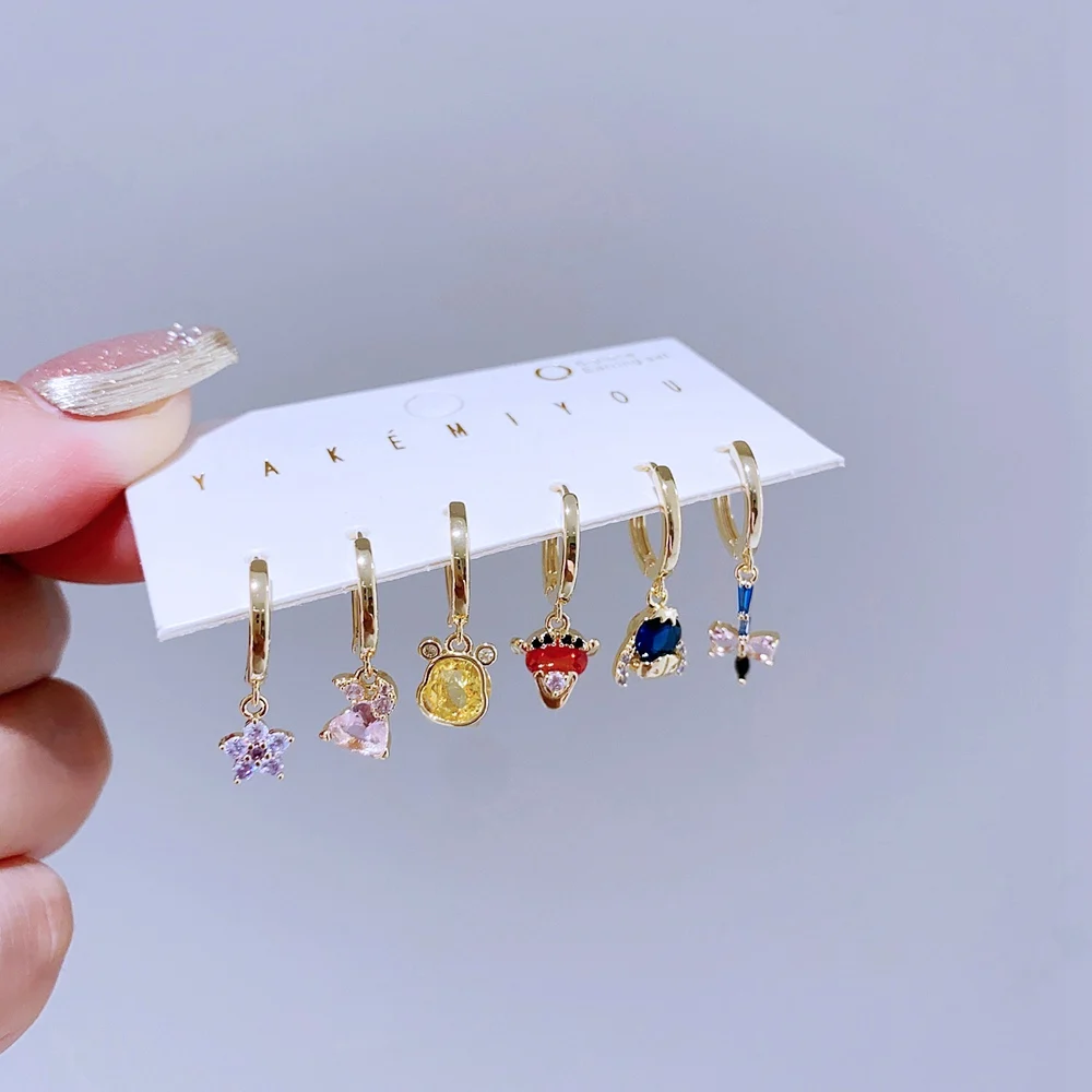 1 SET Muiticolor Cubic Zirconia Sweet Cartoon Animals Huggie Hoop Earrings for Women Girls Gold Color Jewelry