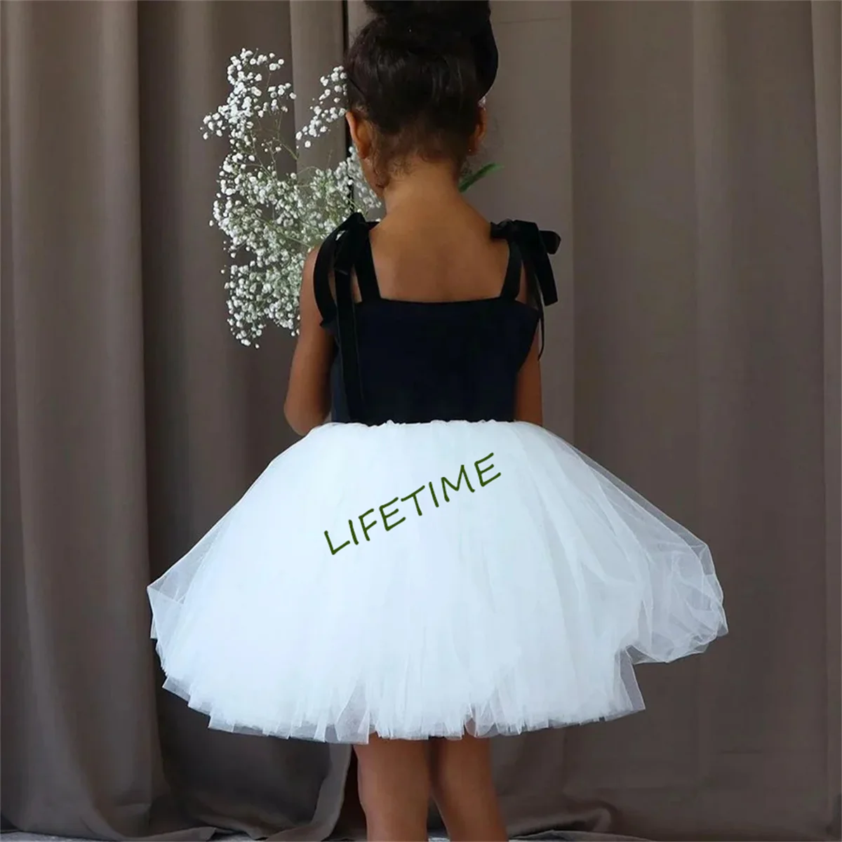 Flower Girl Dress Party Kids Birthday Knee Length Black White Contrast Color A-Line Princess Lace Short Dresses Suede Ball Gown