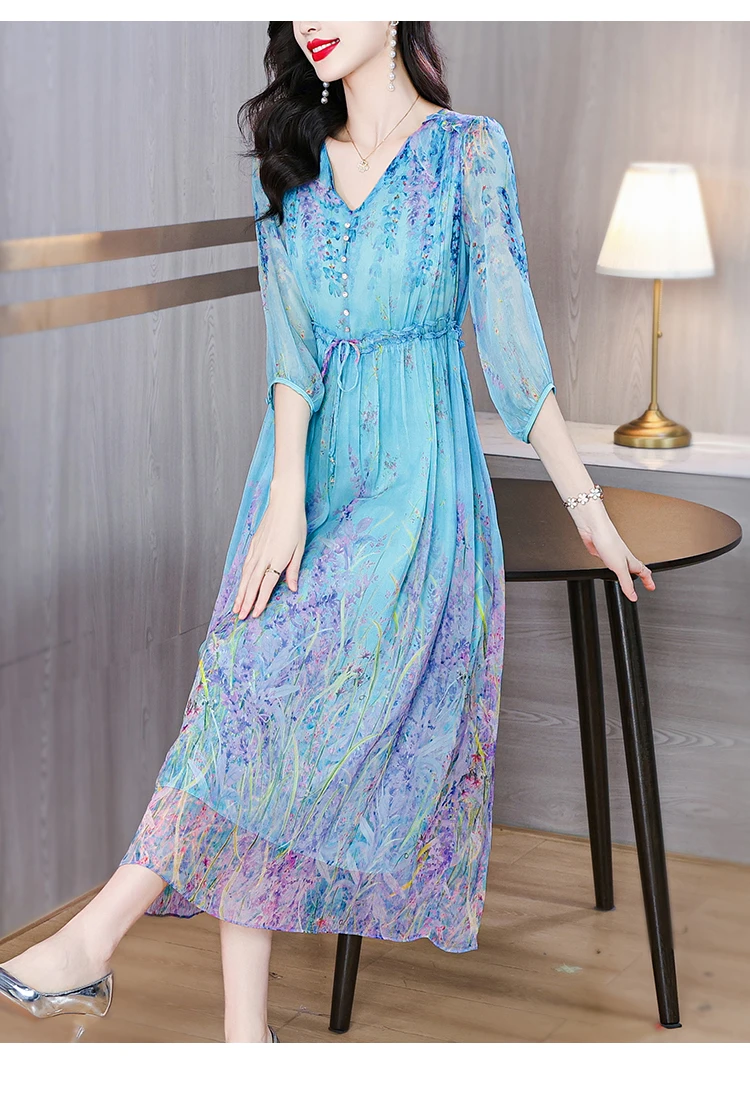 Spring Summer Floral Silk ShortSleeve Midi Dress Women Boho Fashion Light Casual Dress 2024 Korean Vintage Elegant Party Dresses