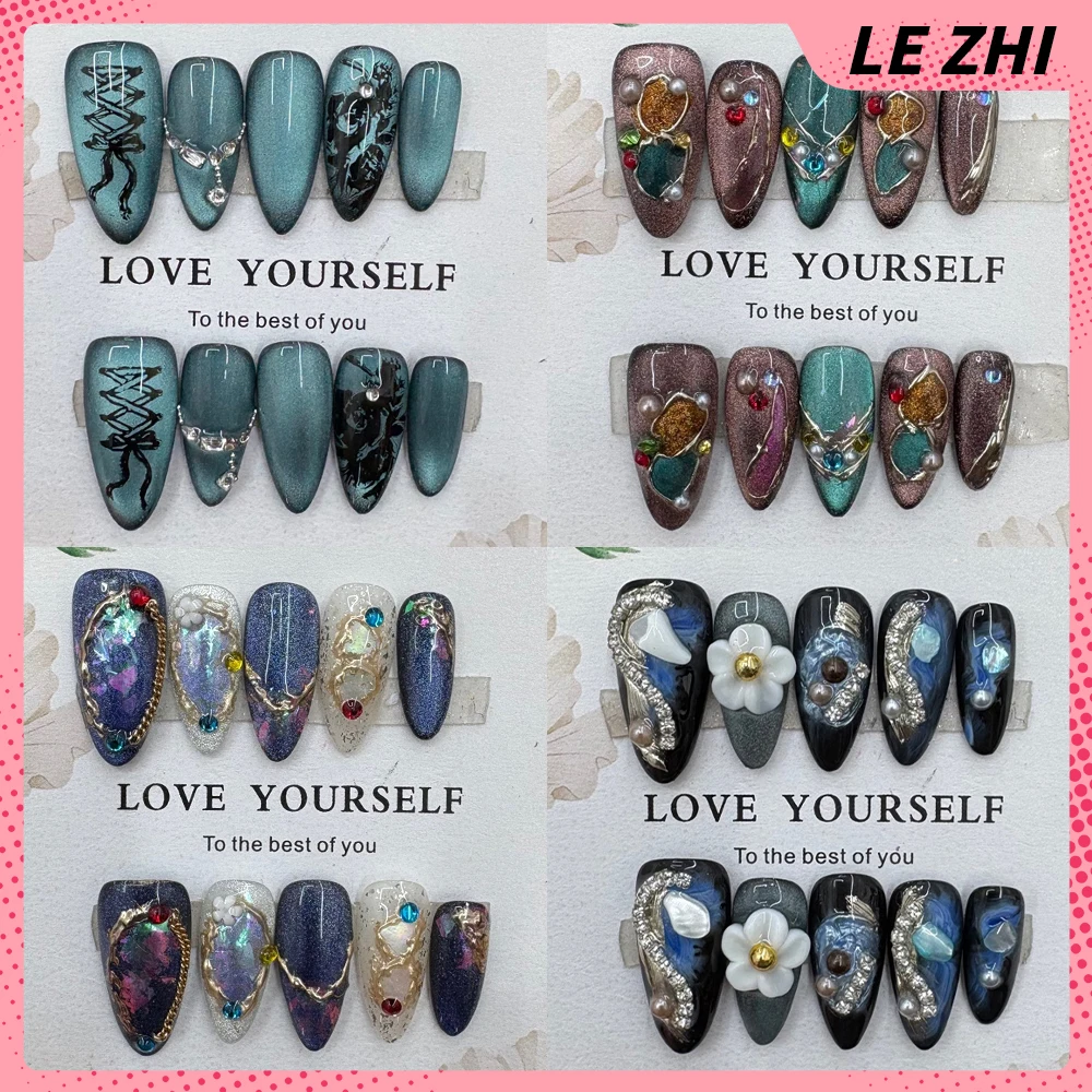 

Light Luxury Cat Eyes Long Almond Ellipse Handmande Wearable Fake Nails Diamond Pearl Hand Drawn Flower Chain Press On Nails