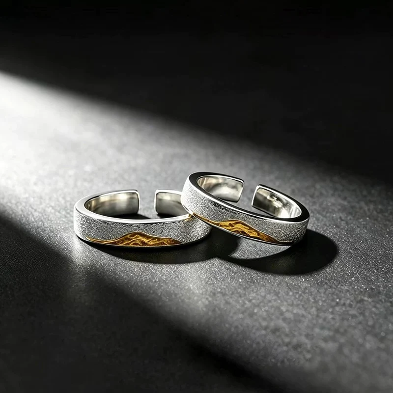 Thai Silver Mountain Alliance Couples' Rings Adjustable Two-color Matte Ring Wedding Jewelry For Women Men KOFSAC