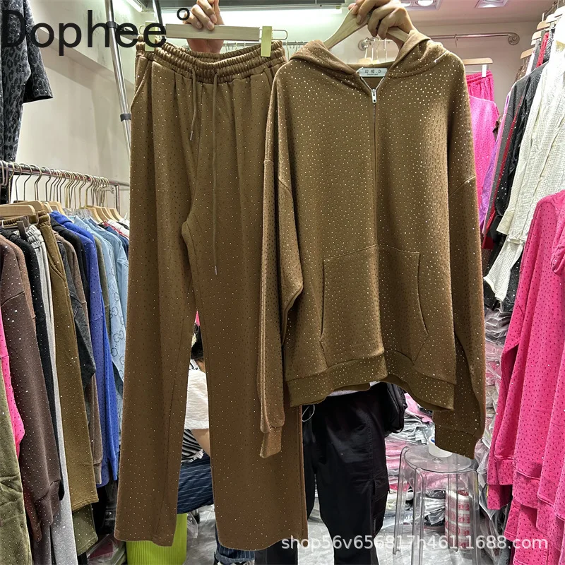 

Full Diamonds Hot Drilling Hoodie Sets Women New Autumn Long Sleeve Hooded Zip Cardigans Top+Elastic Waist Casual Straight Pants