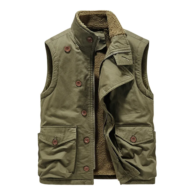 

New Fashion Men Winter Fleece Waistcoats Man Cotton Vests Sleeveless Jackets Multi-pocket Cargo Vests Warm Vests Coats Size 6XL