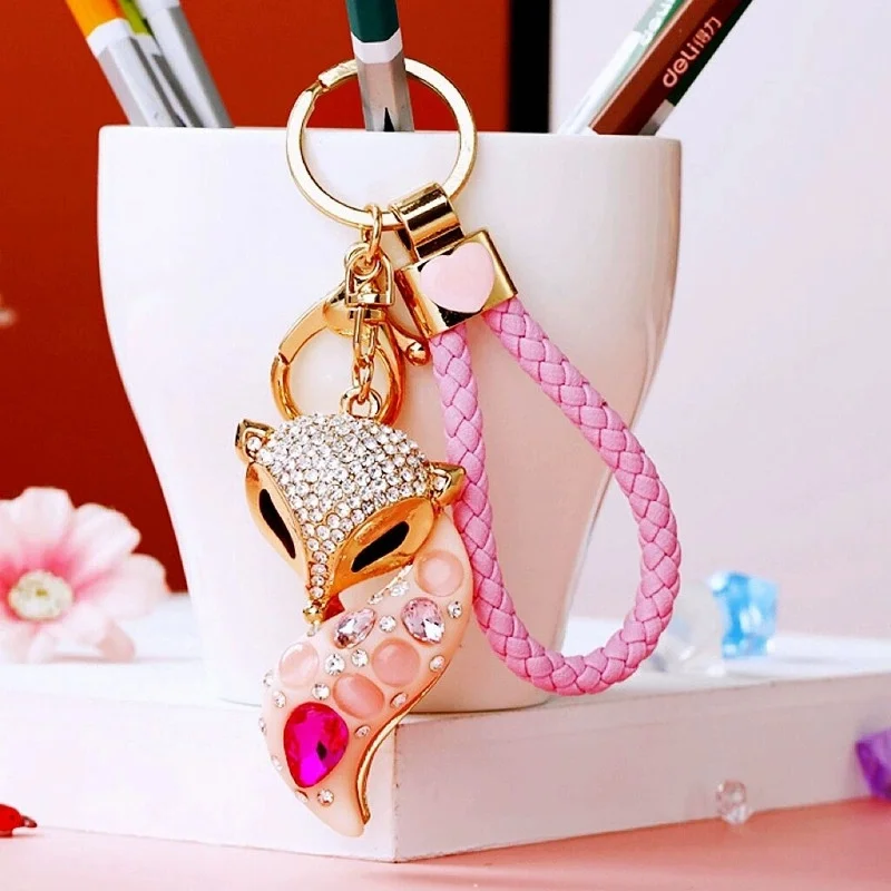Lovely Fashion Fox Key Ring Purse Bag Keyring Rhinestone Keychain Charm Pendant Gift Keyfob