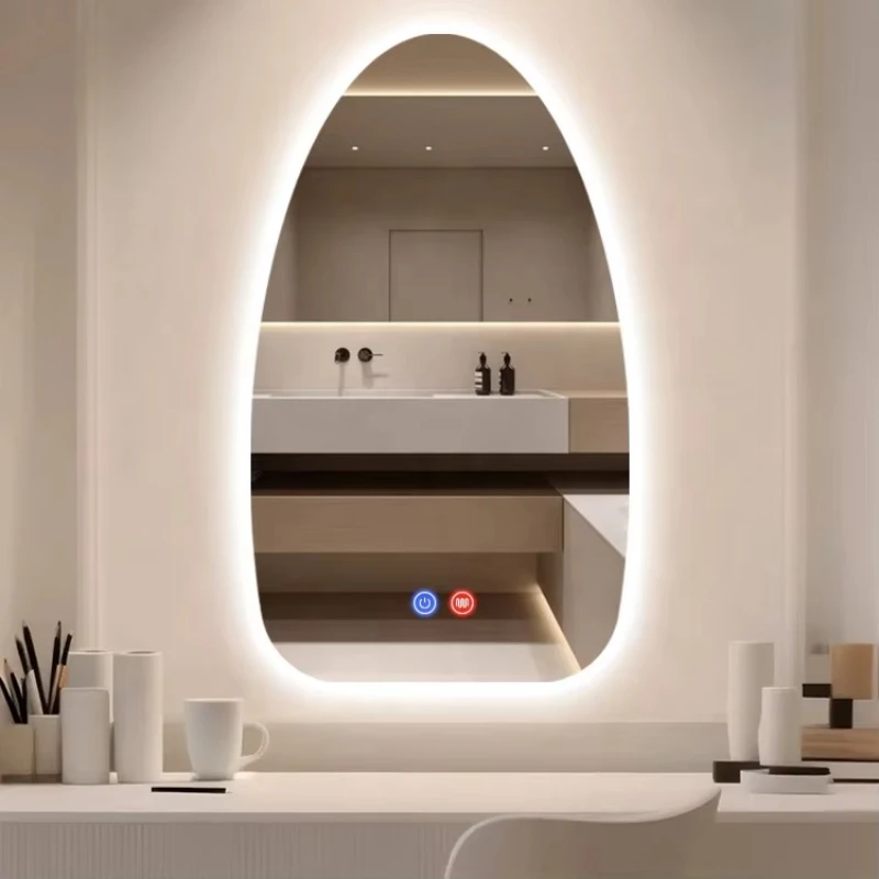 Modern silver glass frameless smart light-emitting mirror lamp pebble shape