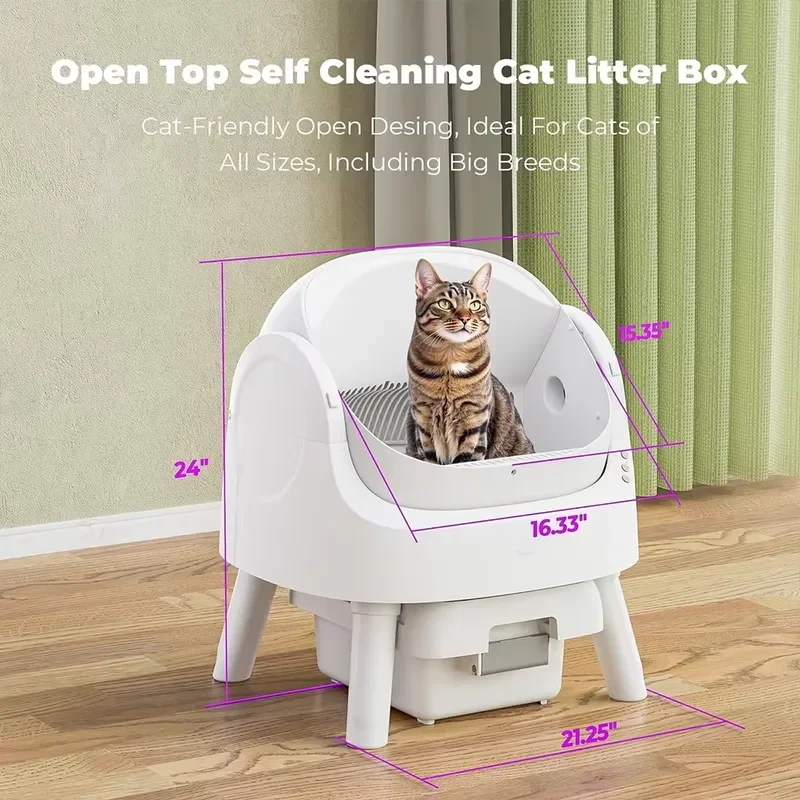 Open Intelligent Automatic Self-Cleaning Cat Litter Box with Elevated Frame Pull-Out Waste Drawer Anti-Pinch and Odor Control
