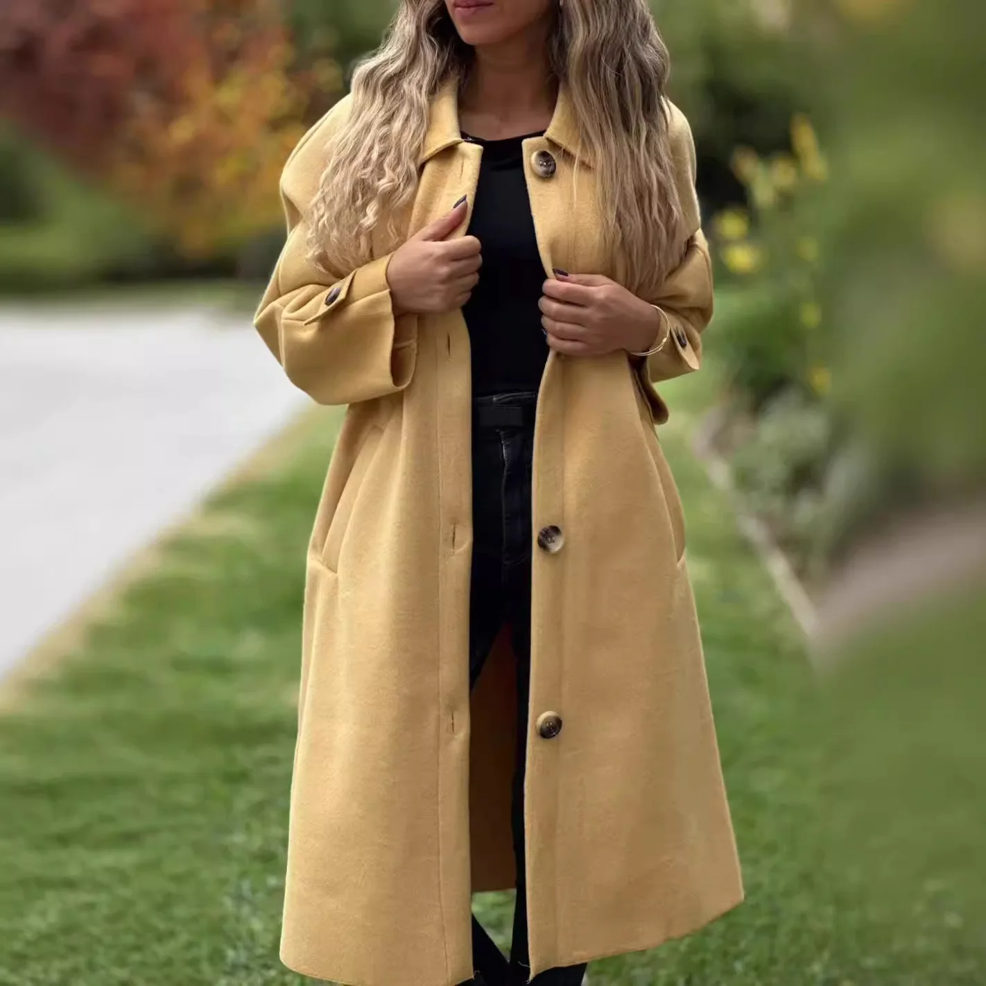 

2024 Autumn and Winter Fashion Casual Button Lapel Single-breasted Long Solid Color Woolen Coat Jacket Winter Coat