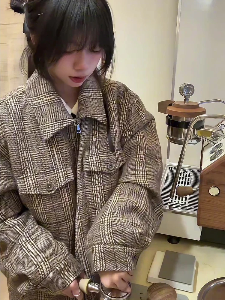 

Retro American Plaid Short Jacket Men's Winter Simulation Rabbit Fur Warm Cleanfit Cotton Clothes Casual Loose Fit Multi-Pocket