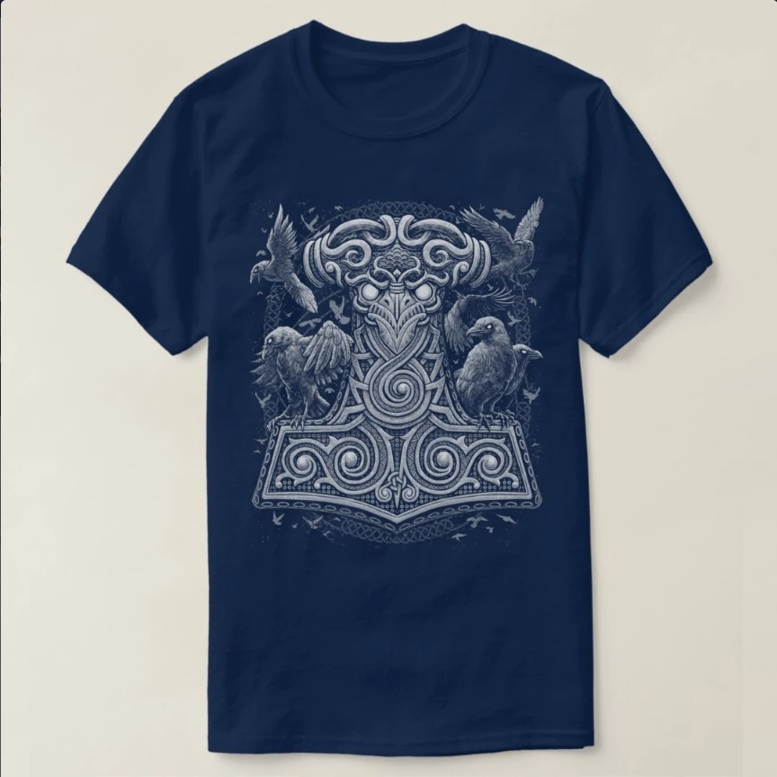 Norse Myth Odin Ravens Mjolnir Amulet Thor Hammer T-Shirt 100% Cotton O-Neck Short Sleeve Summer Casual Mens T-shirt Size S-3XL