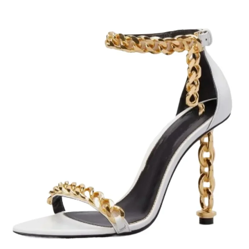 New Custom Gold Metal Heels Sandals Women Dress Stiletto Party Ankle Buckle Office Lady Shoes Open Square Toe High Alien Heel view 3