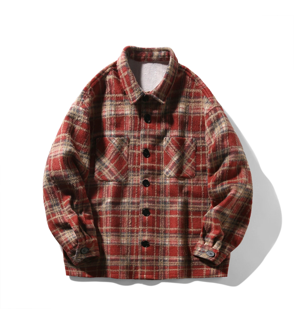 2025 Japanese Retro Brushed Black Plaid Long Sleeve Shirt Men's Spring and Autumn Loose Versatile Casual Red Jacket