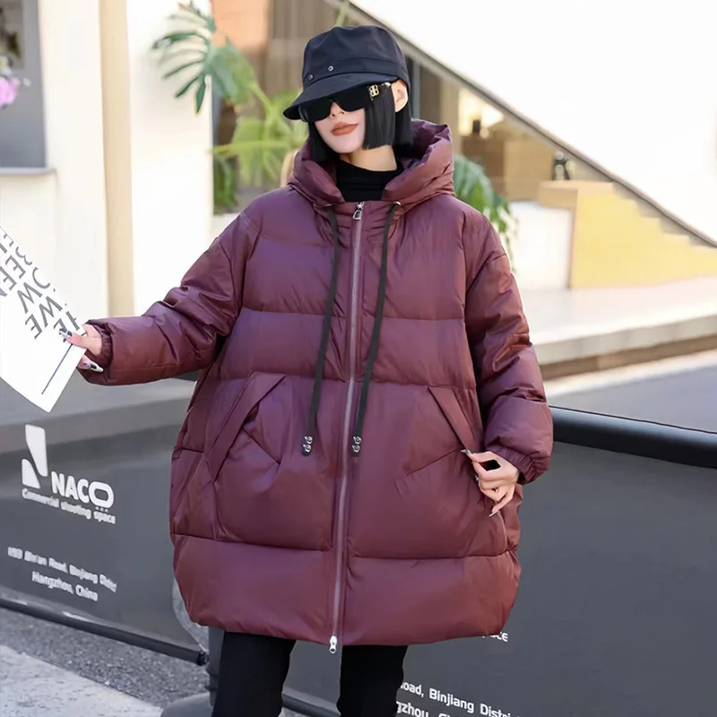 New Winter Down Jacket Women\'s Loose Large Mid-length Hooded Down Jacket White Duck Down Thick Warm Large Arge Version Outwear