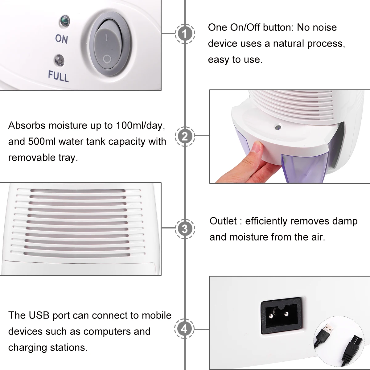 

Dehumidifier Dryer 500Ml Mini Air Dryer Usb Powered Silent Moisture Absorber For Home Bedroom Office Car Portable Compact White