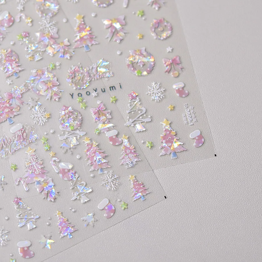 Pegatinas de uñas con luz de concha, luz fluida bonita, arcoíris, rosa, árbol de Navidad, Festival, decoraciones 3D para uñas, pegatinas de decoración de uñas de Navidad DIY