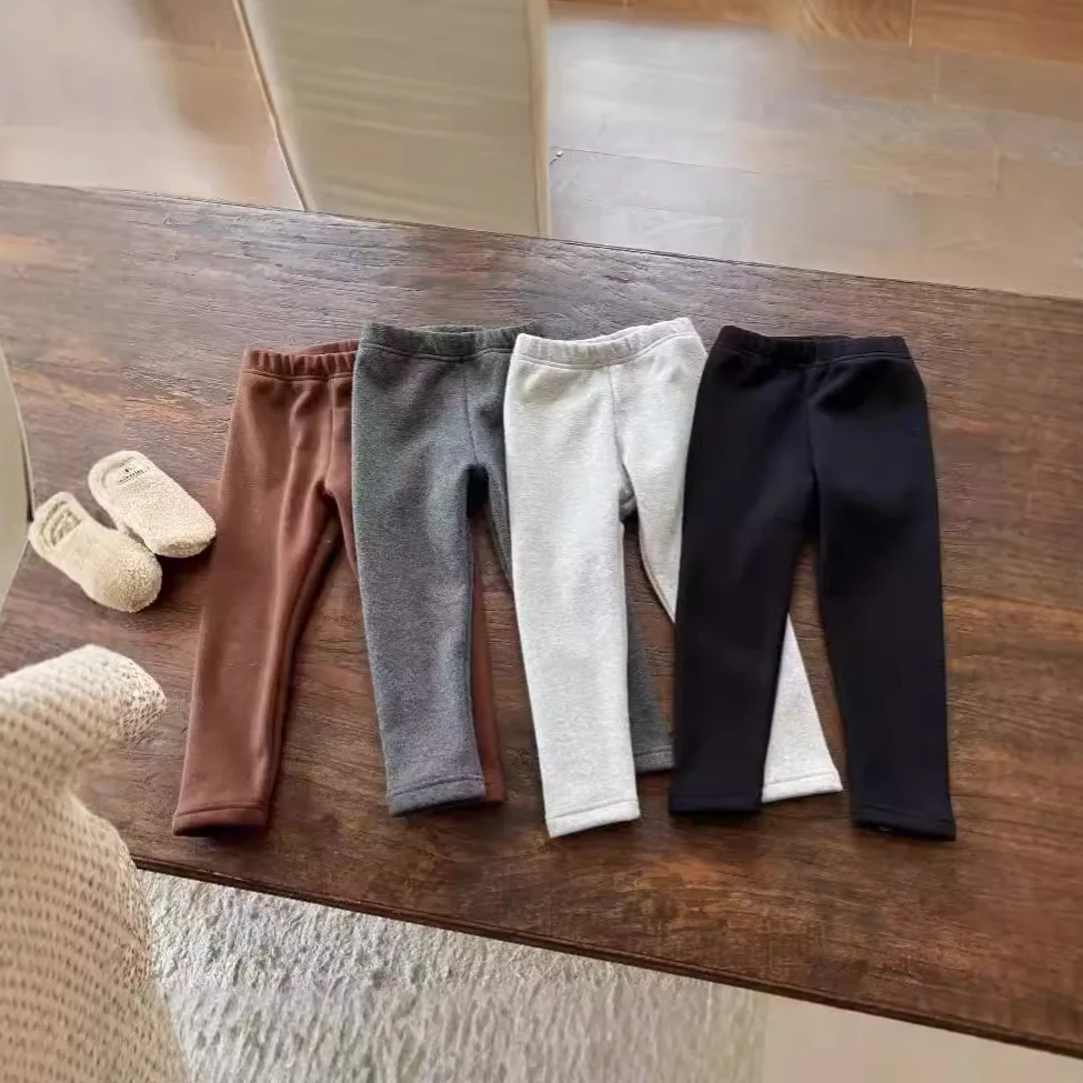 Children Add Fleece Leggings Autumn and Winter New Korean Style Girl Treasure Solid Wool Rack Thermal Pants Baby Tight Legging