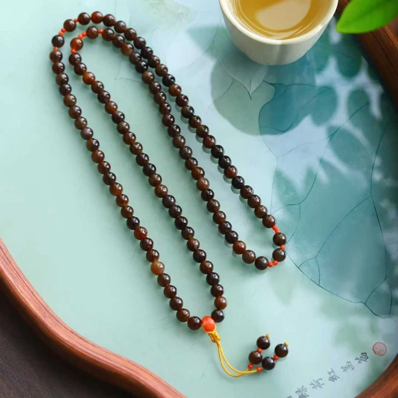 

Natural Hotan Jade from Qemuo, old material with full sugar color, 108 multi-loop bead necklace women