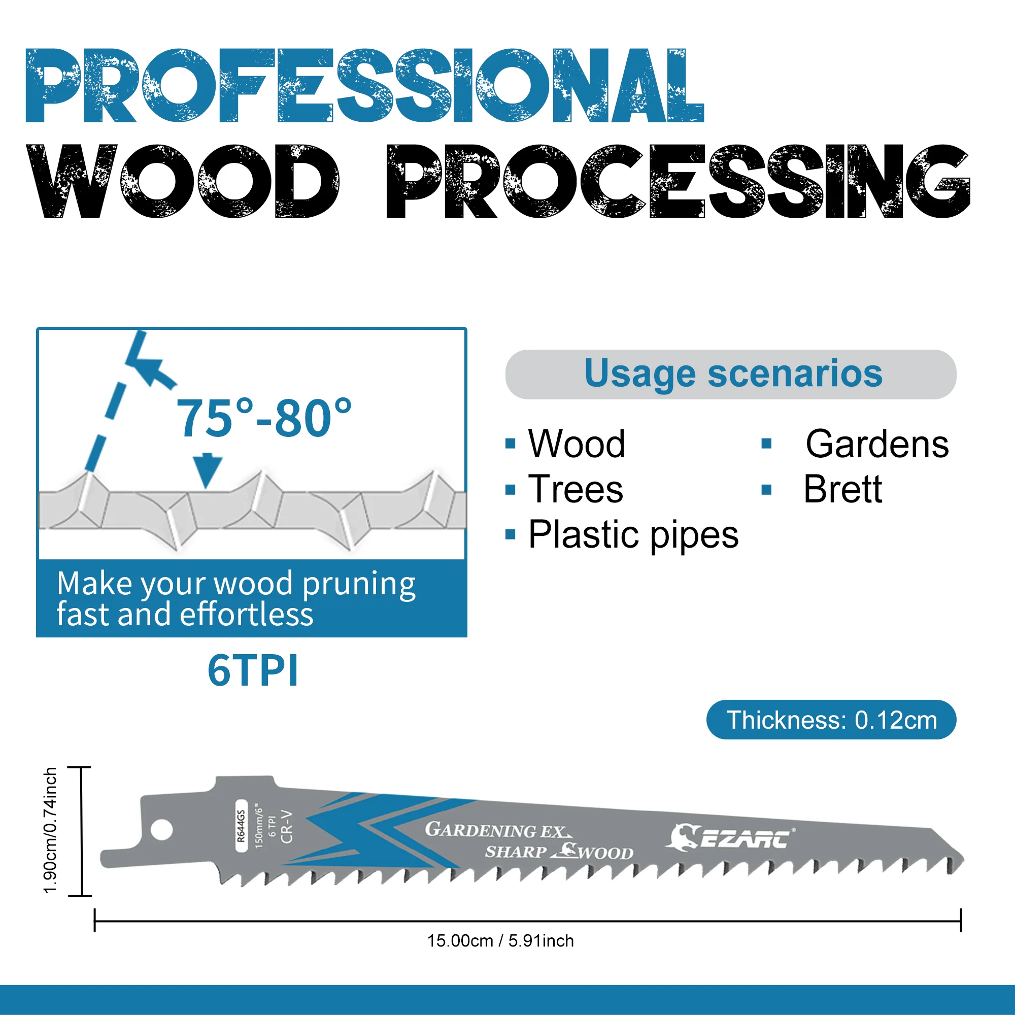 EZARC 10PCS Wood Pruning Reciprocating Saw Blades, 5pcs 6inch(150mm) + 5pcs 9inch(225mm) 5TPI CRV Reciprocating Saw Blades