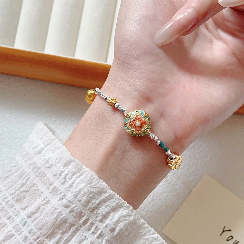 Wrapped Silver Bracelet 2026 New Entry Luxury Jewelry Niche Bracelet New Chinese Enamel Peach Blossom Gourd Lucky Ins HandString