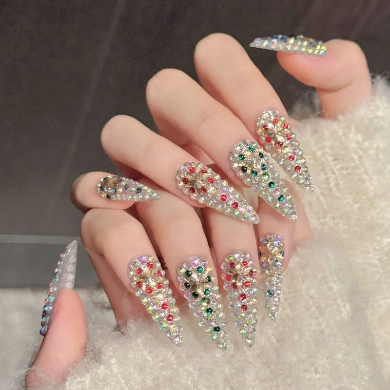 เล็บปลอมทรงสติลเลตโตแบบยาว 10 ชิ้น ประดับด้วยคริสตัลหลากสี ระยิบระยับ ใช้ซ้ำได้ ทำด้วยมือ สำหรับงานแต่งงานและงานปาร์ตี้