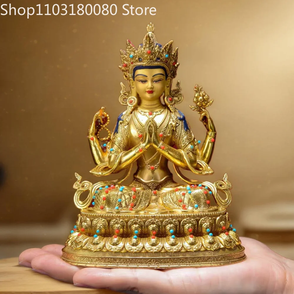 15cm Brass Gilded Four-Armed Avalokiteshvara Chenrezig Statue Hand-Painted Face Tibetan Buddhism Bodhisattva Sculpture