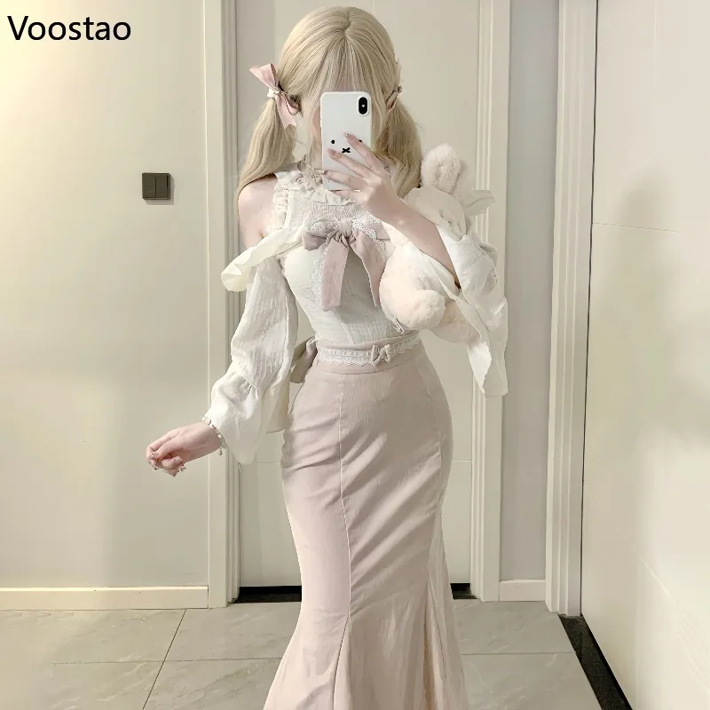 

Japanese Sweet Lolita Style Skirt Set Women Cute Ruffles Bow Blouse Slim Tops Pink Party Midi Skirt Suit Chic Korean Y2k Outfits