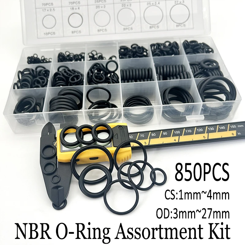 

850Pcs Black NBR O Rings Assortment Set Nitrile Rubber CS 1mm~4mm OD 3mm~27mm Universal Repair Sealing Kit for Home & Workshop