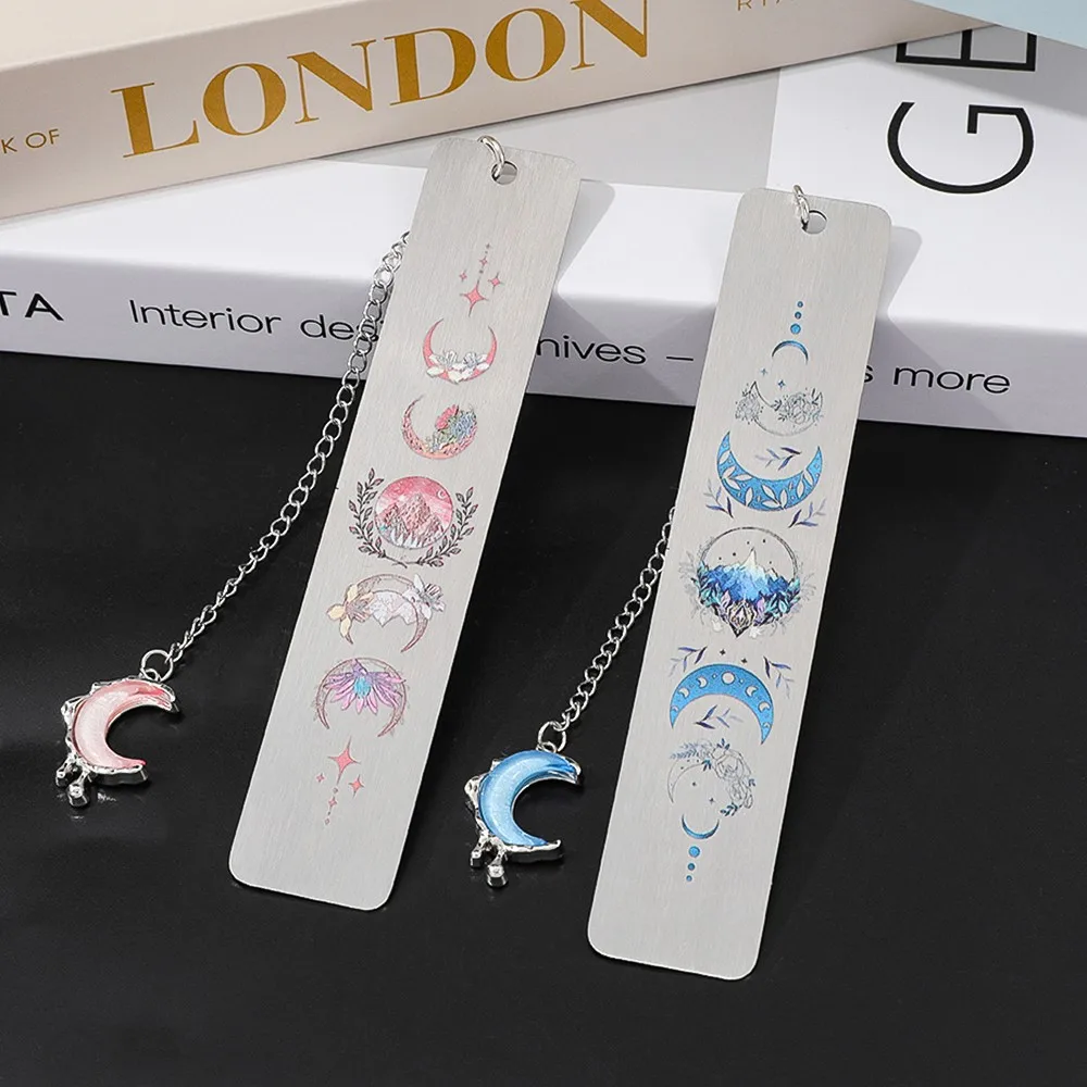 

Acotar Moon Phase Metal Bookmarks With Crescent Pendant Chain Flower Star for Reading School Office Gift