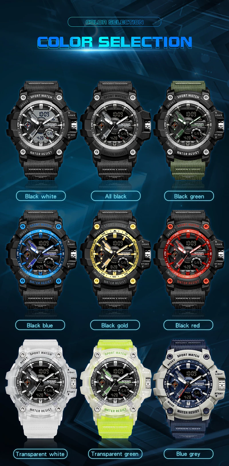 SANDA 3179 Digital Mens Military Watch 50M Waterproof Watch Dual Display Quartz Sports Watch For Men Luminous