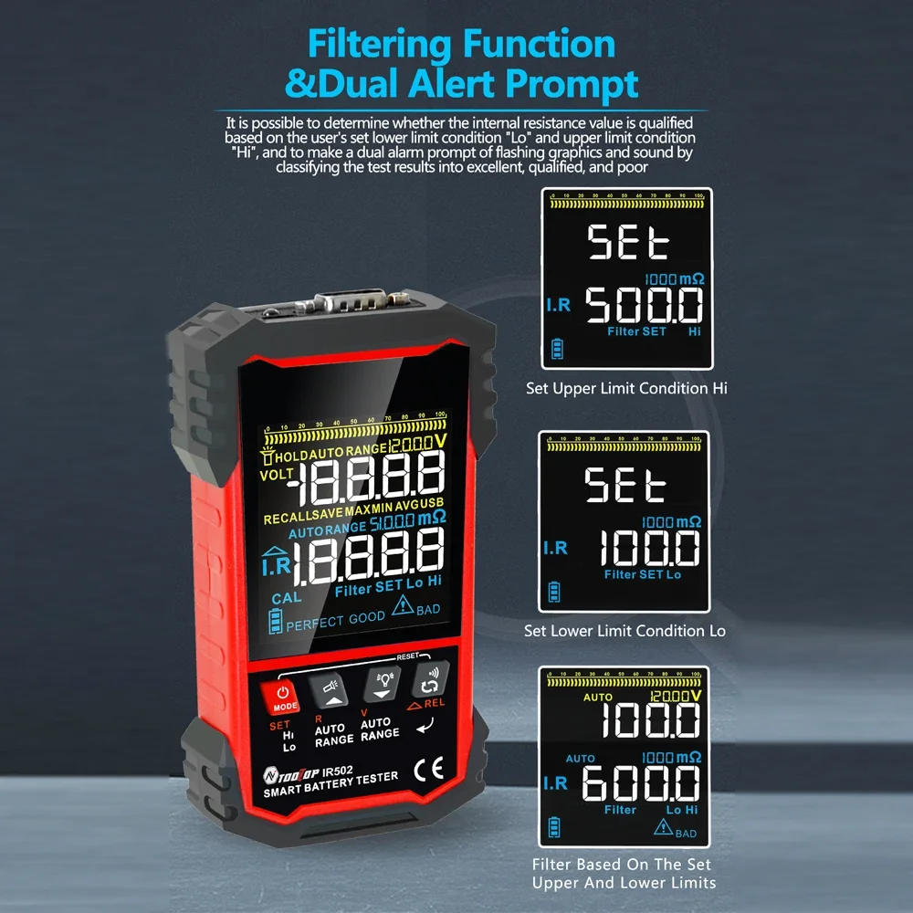 TOOLTOP IR500 IR502 500Ω Car Battery Internal Resistance Tester High Precision Battery Voltage Current Resistance Measure Meter