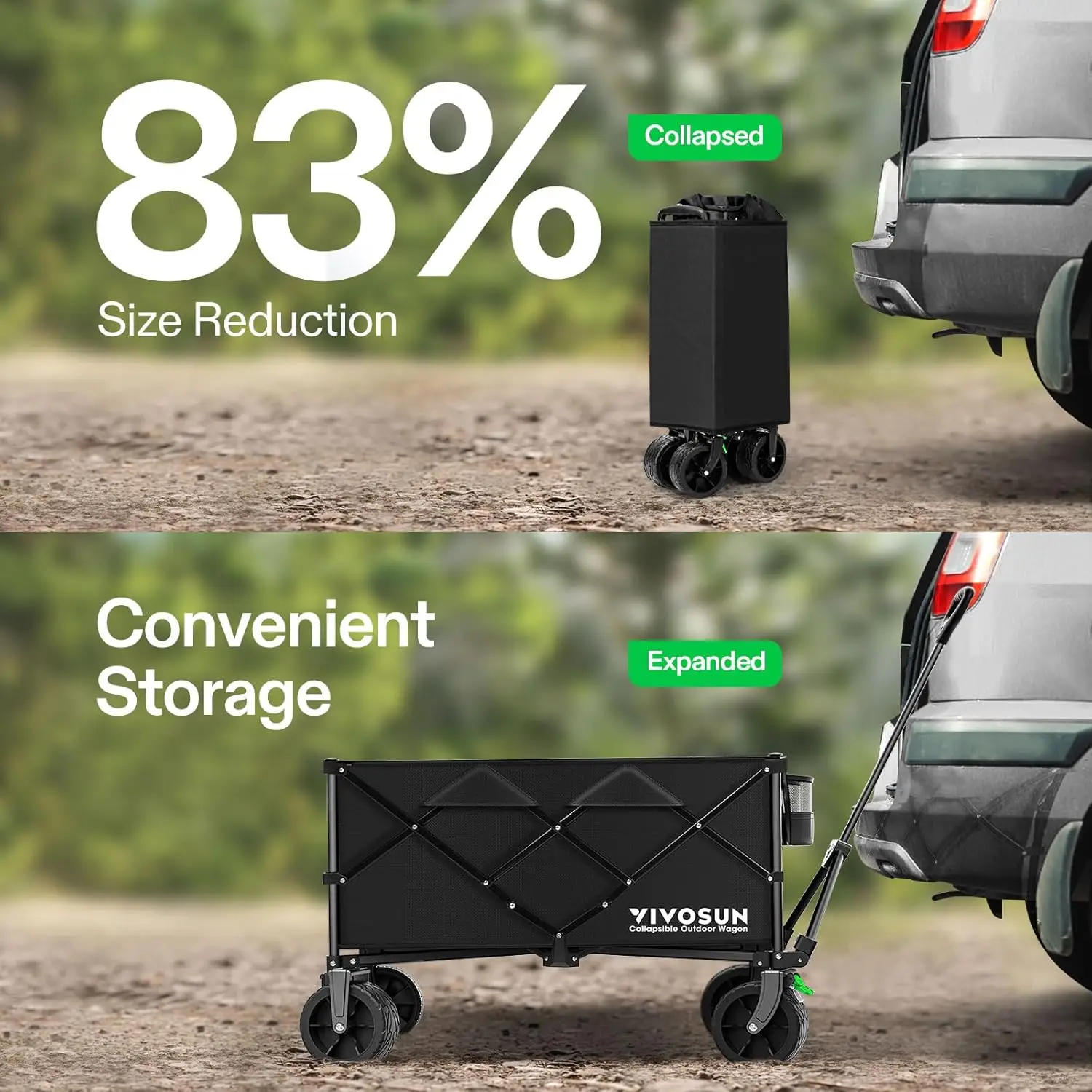 عربة قابلة للطي مع عجلات صامتة لجميع التضاريس، ومقبض قابل للتعديل، وحاملات أكواب وجيوب للاستخدام الخارجي