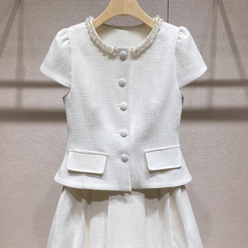 

Elegant Refined Short Skirt Women's Suit 2026 Spring New Finely Beaded Round-neck Short-sleeve Top Tulip-shaped Skirts Ladies