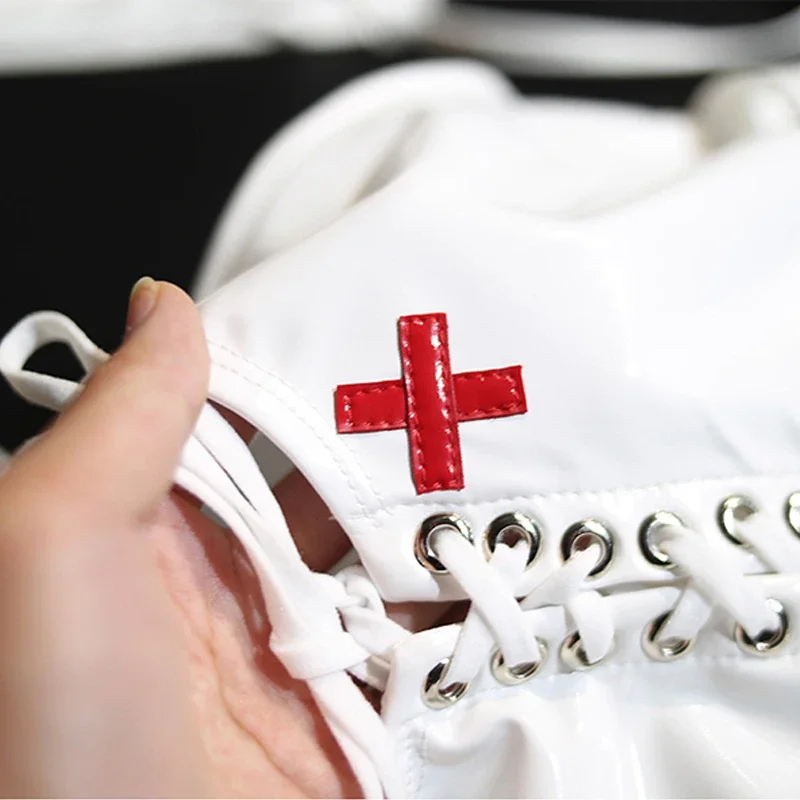 Sexy Latex Leather Lingerie Nurse Cosplay Costume Women Naughty Nurse Lingerie Doctor Cosplay Outfit Exotic Fetish Suits Custo