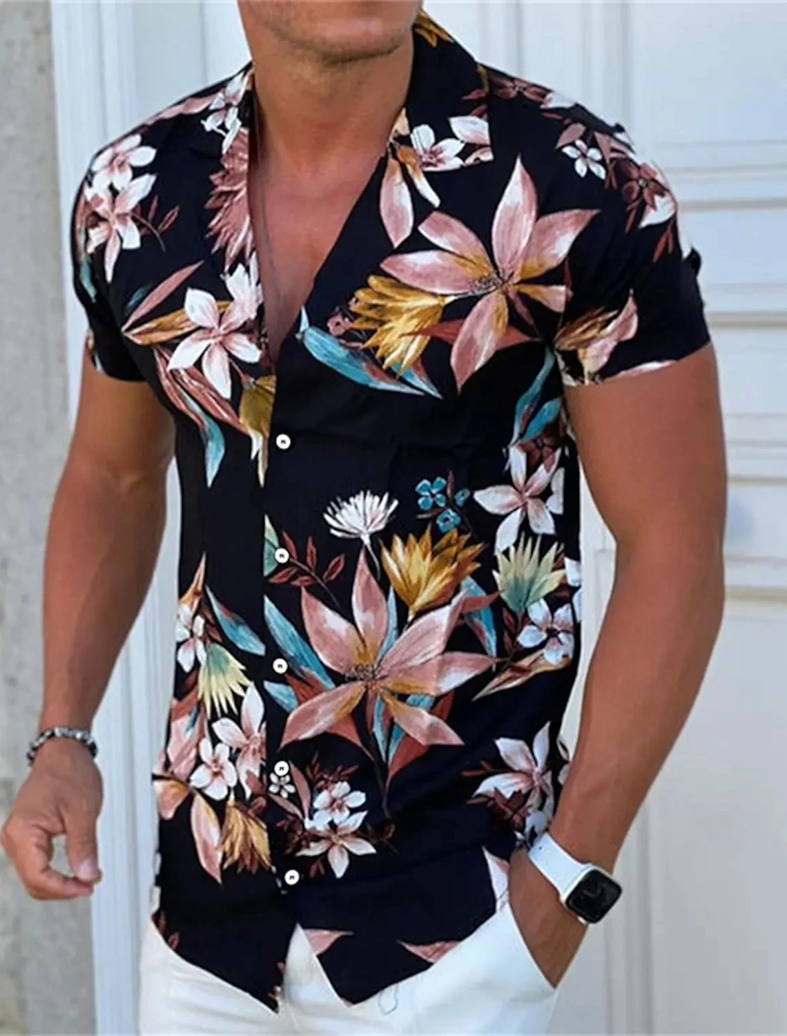 Camisa havaiana com estampa de folhas de bordo masculina, top floral, manga curta, confortável casual, moda rua, novo