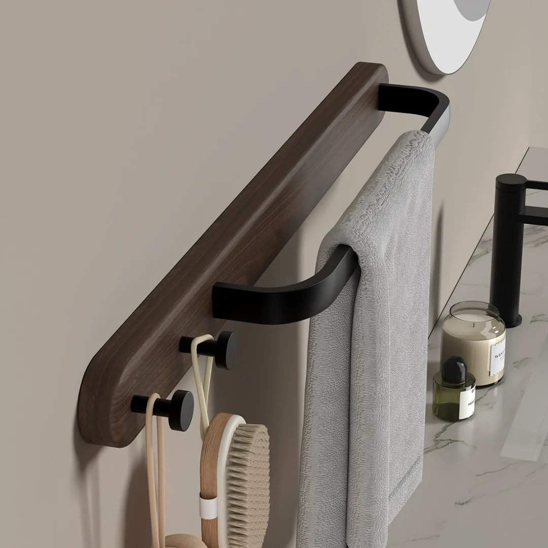 

Wooden aluminum bathroom towel rack with hook, wall mounted towel pole
