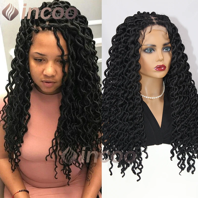 INCOO Synthetic Goddess Locs Wavy Braid Wig 22 Inch Full Lace Twist Crochet Braided Wig Pre-Looped Extension Wavy End Braids Wig