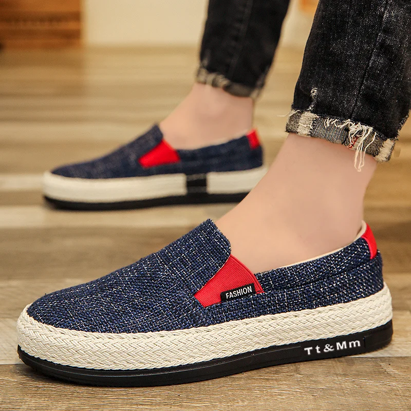 Hot Sale Men\'s Loafers Linen Breathable Casual Flats Shoes Men Espadrilles Slip-on Canvas Shoes Man Fisherman Driving Footwear