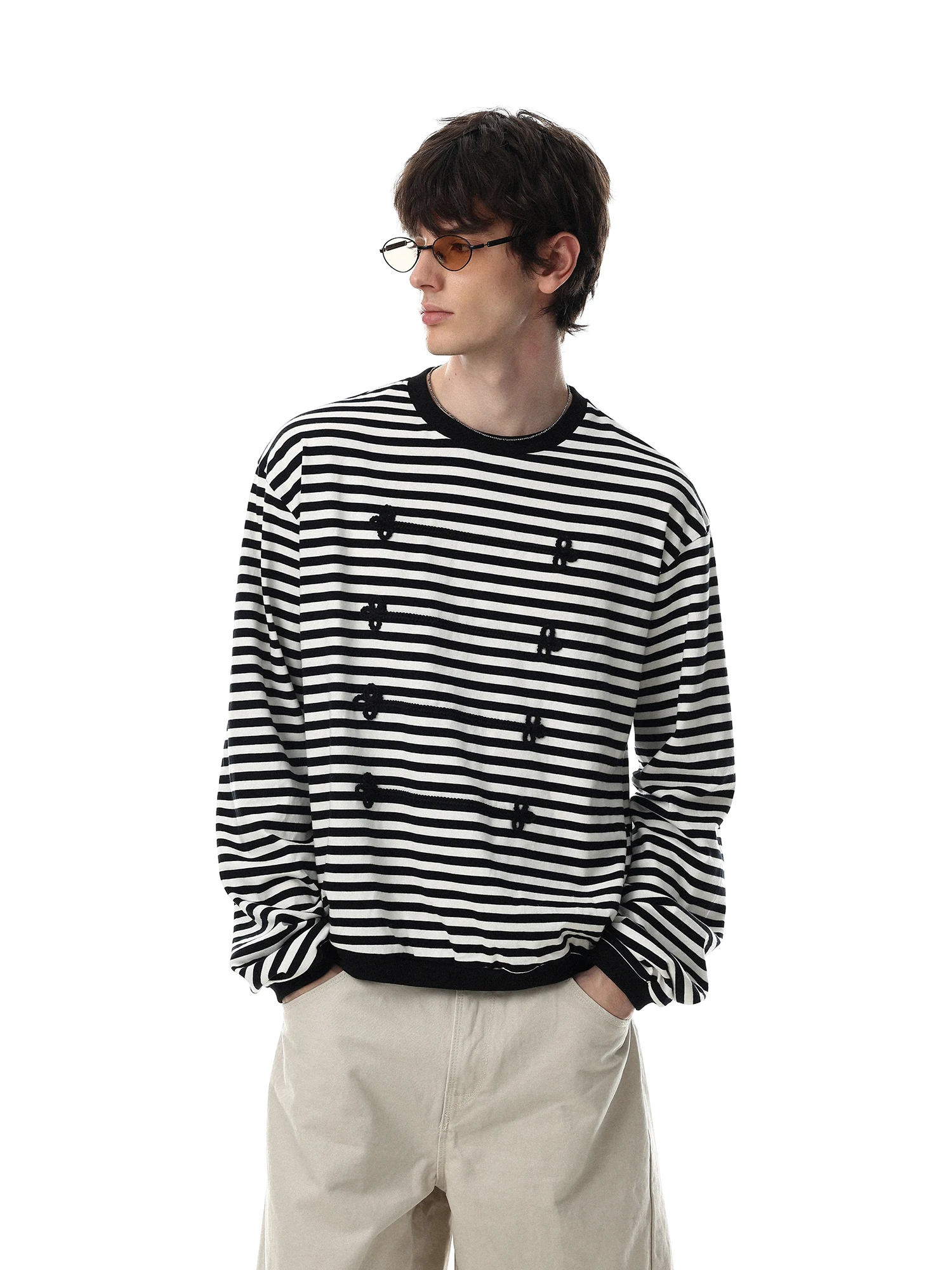 Heavy Embroidery American Court Style Striped Long Sleeve Men's Sweatshirt Vintage Couples T-Shirt Loose Fit Cotton round Neck
