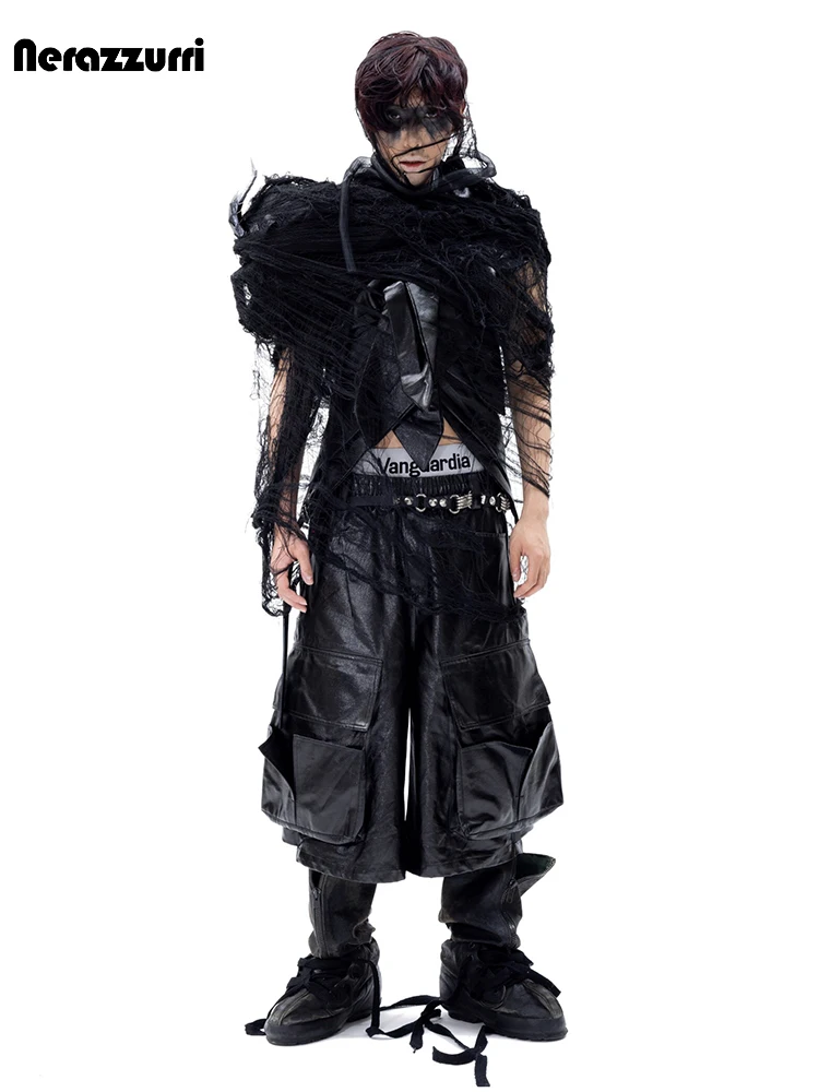 

Nerazzurri Summer Autumn Black Baggy Wide Leg Calf-Length Pu Leather Cargo Pants Men Cool Luxury Punk Style Clothes Streetwear