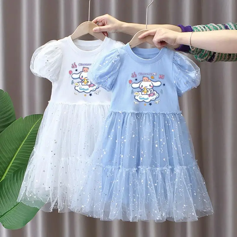 Anime Sanrio Cinnamoroll vestido de manga curta para meninas, doce festa princesa vestidos, saia de gaze, roupas infantis dos desenhos animados, verão