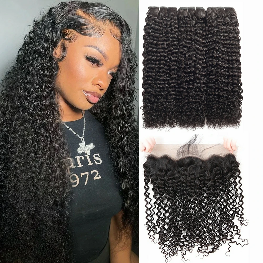 Sapphire Kinky Curly Bundles With Frontal Brazilian Hair Frontal With Bundles Human Hair Natural Color 3 Bundles With Frontal