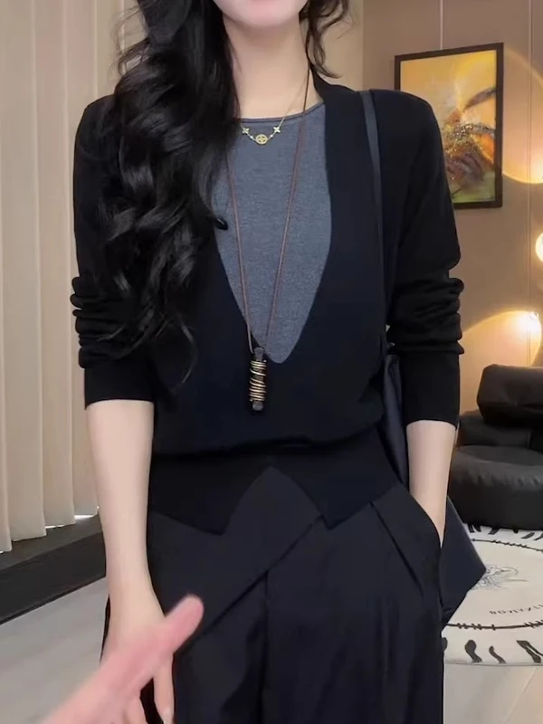 

Корейский трикотаж размера плюс, женский осенне-зимний свободный крой, футболка с разрезом, универсальная прихожая одежда