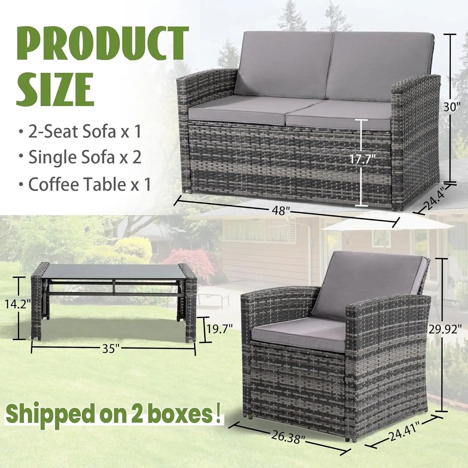 Außensofa aus Rattan, gepolstertes Möbelset, Korbssofa, ideal für Garten, Veranda, Hinterhof, graues Rattan