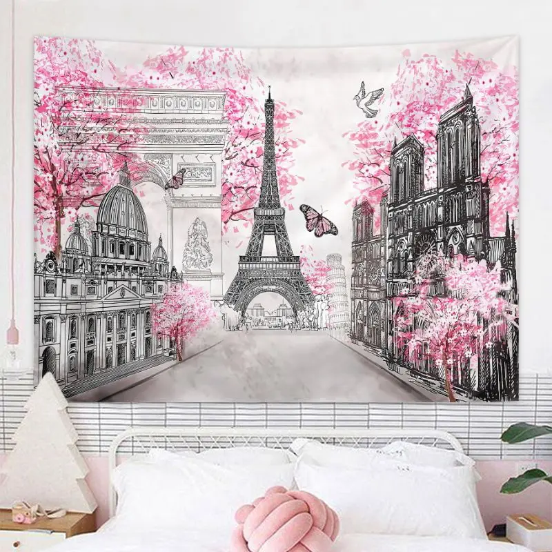 VIKAMA Paris Cityscape Tapestry Cherry Blossom Line Art Europe Landmark Romantic Pink Butterfly Wall Hanging Vintage Home Decor