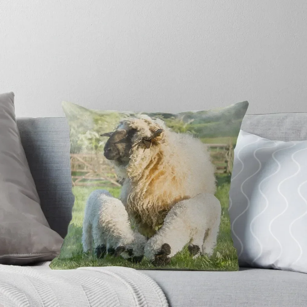 صورة مائية من Valais Blacknose Sheep and Her Twin Lambs Throw Pillow وسائد زخرفية
